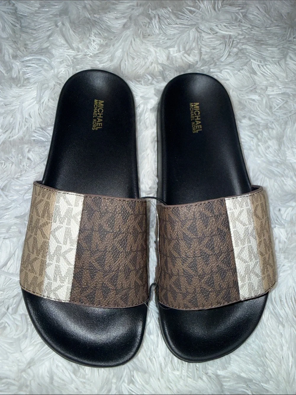 Michael Kors Brown and Beige Logo Stripe Slide Sandals